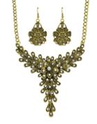 Romwe Vintage Style Atgold Rhinestone Flower Pendant Necklace Drop Earrings Indian Jewelry Set