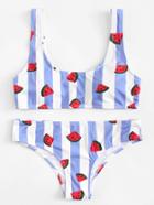 Romwe Watermelon Print Striped Bikini Set