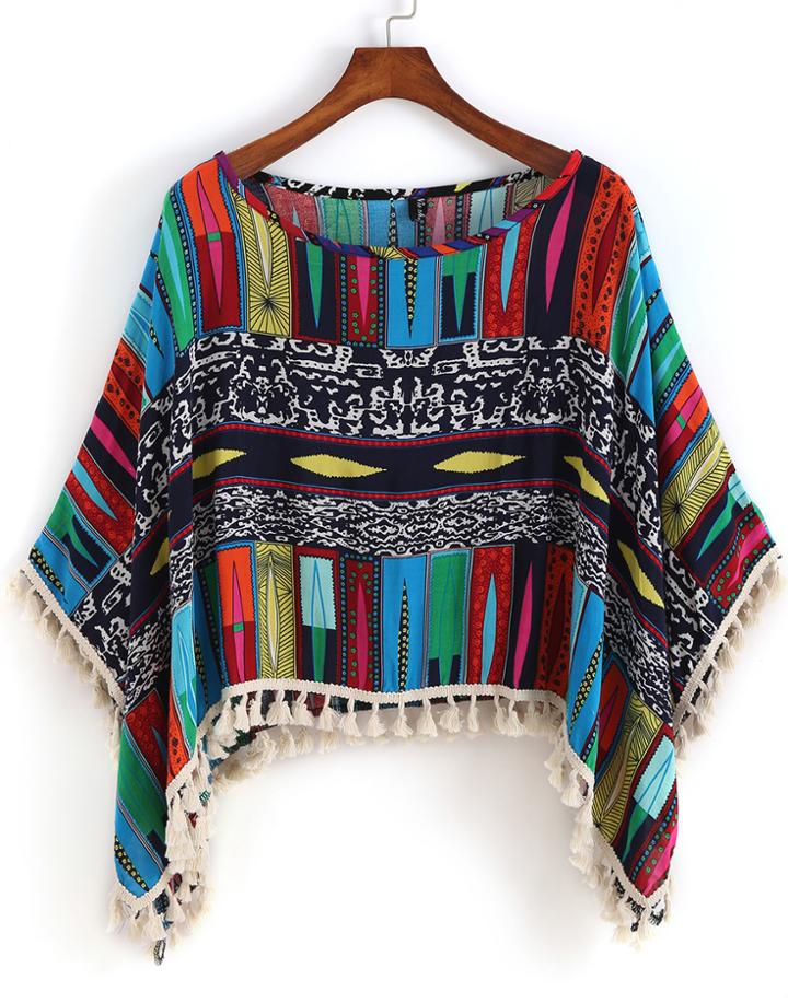 Romwe With Tassel Tribal Print Top