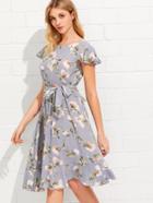 Romwe Flutter Sleeve Ruffle Hem Calico Print Dress