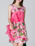 Romwe Pink Crew Neck Ruffle Print Dress