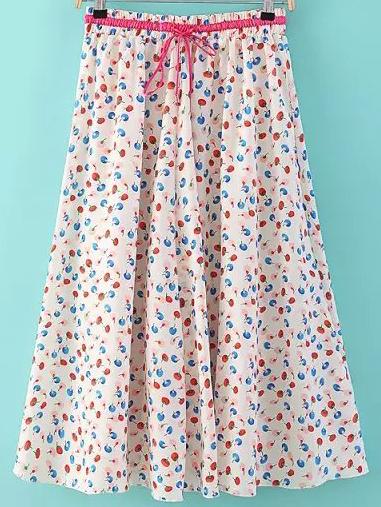 Romwe Cherry Print Pleated Skirt With Drawstring