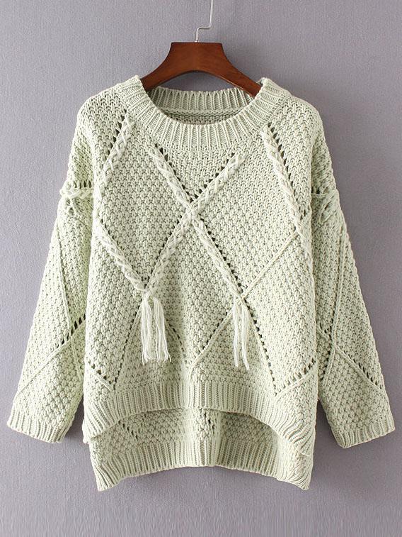 Romwe Green Diamond Pattern Tassel Dip Hem Sweater