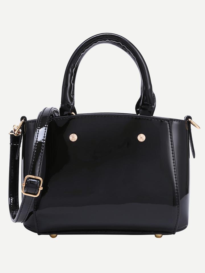 Romwe Faux Patent Leather Tote Bag With Strap - Black