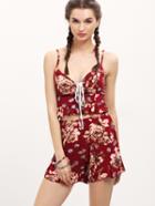 Romwe Red Spaghetti Strap Lace Up Floral Top With Shorts