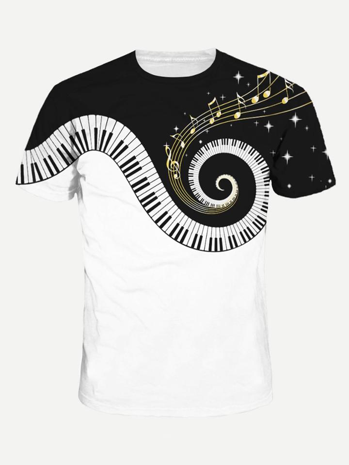 Romwe Men Piano Keys Print Tee