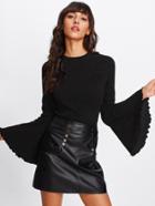 Romwe Lettuce Edge Trim Trumpet Sleeve Textured Top