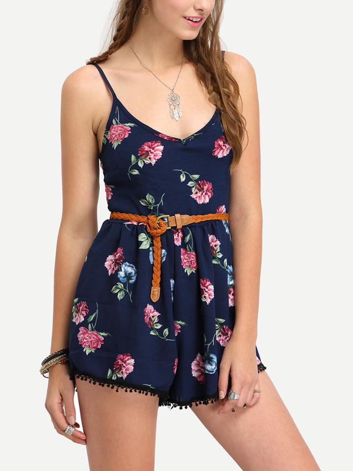 Romwe Flower Print Pom Pom Trimmed Cami Romper