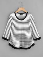 Romwe Contrast Frill And Curved Hem Ringer Striped Tee