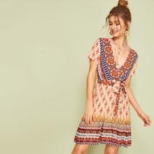Romwe Aztec Print Belted Plunging Neck Surplice Dress