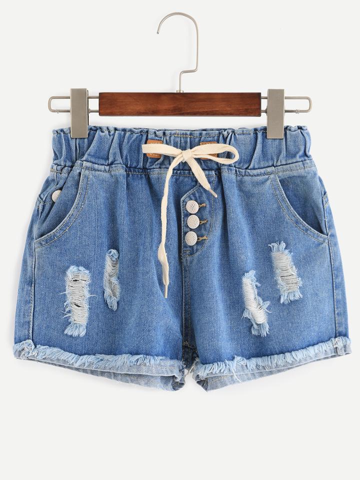 Romwe Blue Buttoned Fly Frayed Roll Hem Denim Shorts