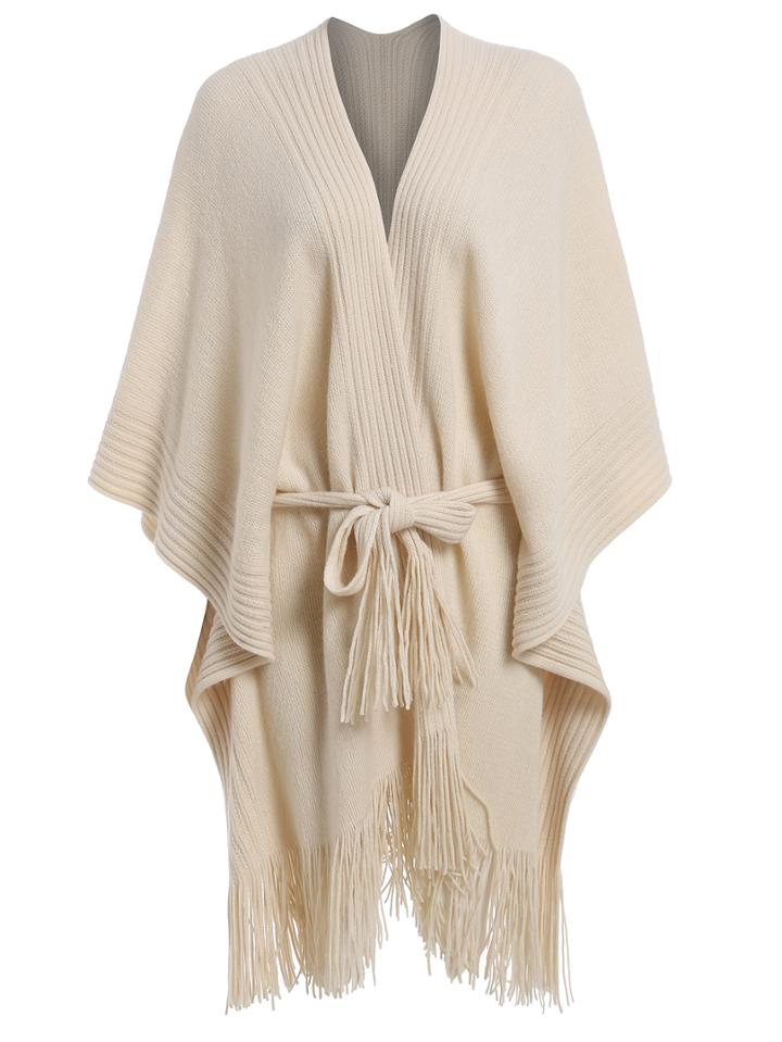 Romwe Ribbed Fringe Belt Poncho Sweater