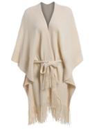 Romwe Ribbed Fringe Belt Poncho Sweater