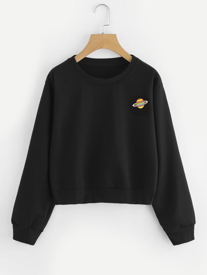 Romwe Planet Print Ribbed Trim Sweatshirt