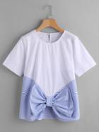 Romwe Contrast Striped Bow Front Keyhole Top