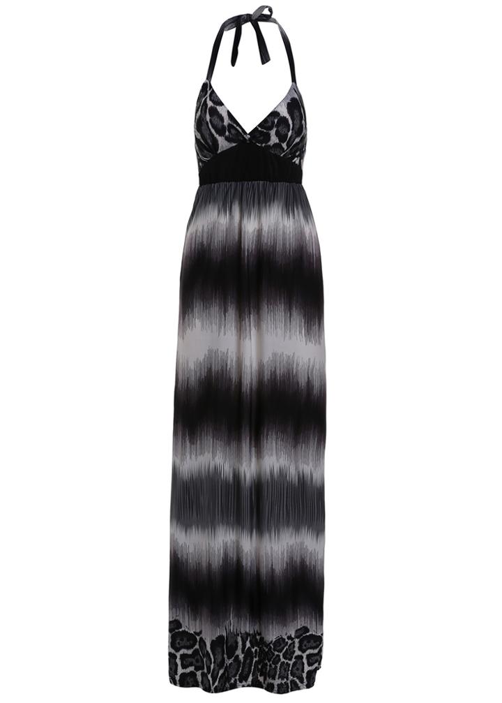 Romwe Halter V Neck Leopard Maxi Grey Dress