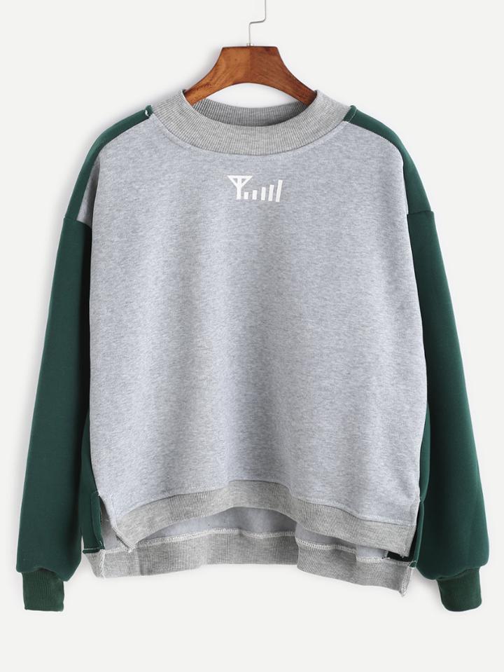 Romwe Contrast Printed Drop Shoulder Dip Hem Split Side Sweatshirt