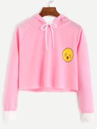 Romwe Pink Smile Print Contrast Cuff Drawstring Hooded Sweatshirt