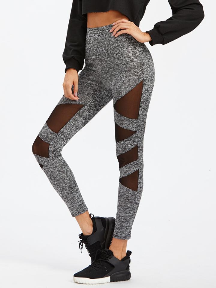Romwe Mesh Insert Marled Bandage Leggings