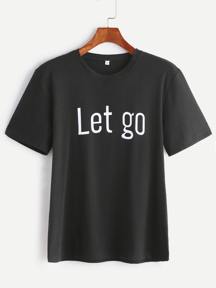 Romwe Black Slogan Print Casual T-shirt