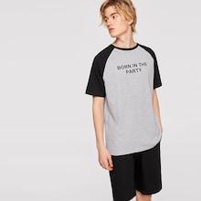 Romwe Guys Raglan Sleeve Heather Grey Tee And Shorts Pj Set