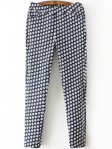 Romwe Elastic Waist Sunflower Print Blue Pant