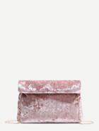 Romwe Pink Foldover Velvet Clutch Bag With Chain