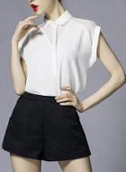 Romwe Lapel Short Sleeve White Blouse