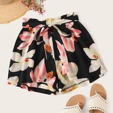 Romwe Floral Print Self Tie Paperbag Shorts