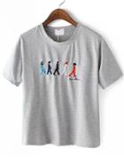 Romwe Five People Embroidered Grey T-shirt