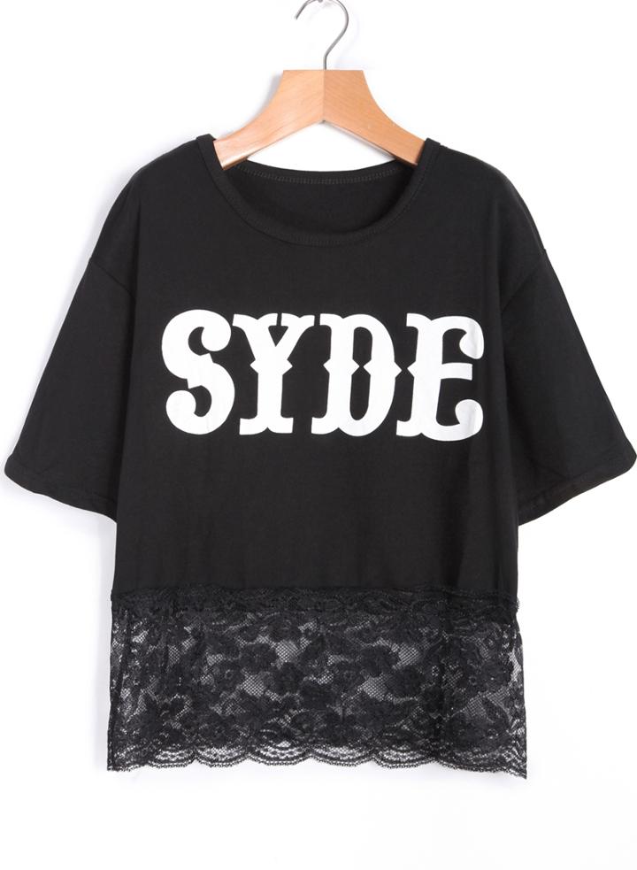 Romwe With Lace Letter Print T-shirt