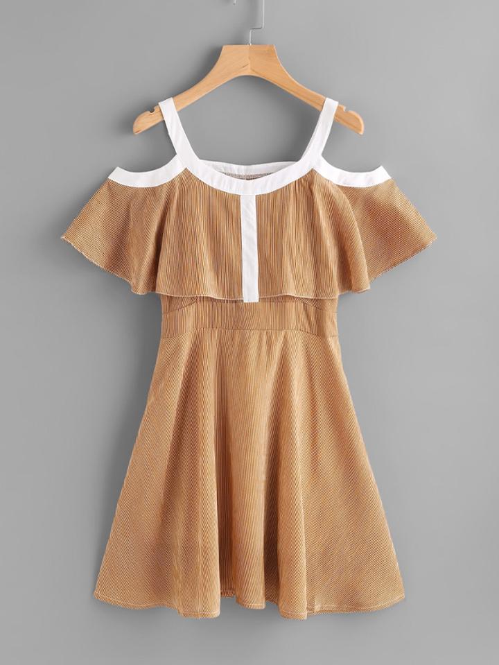 Romwe Open Shoulder Layered Pinstripe Contrast Trim Dress