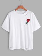 Romwe White Rose Embroidered Ripped T-shirt