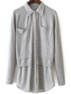 Romwe Lapel Contrast Hem Pockets Grey Sweater