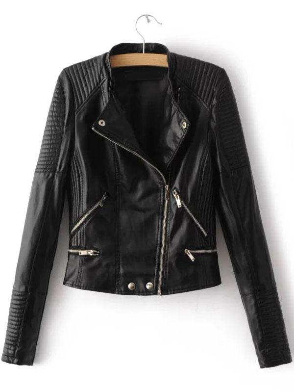 Romwe Black Oblique Zipper Quilted Pu Jacket