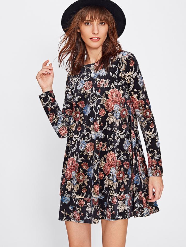 Romwe Flower Print Swing Velvet Dress