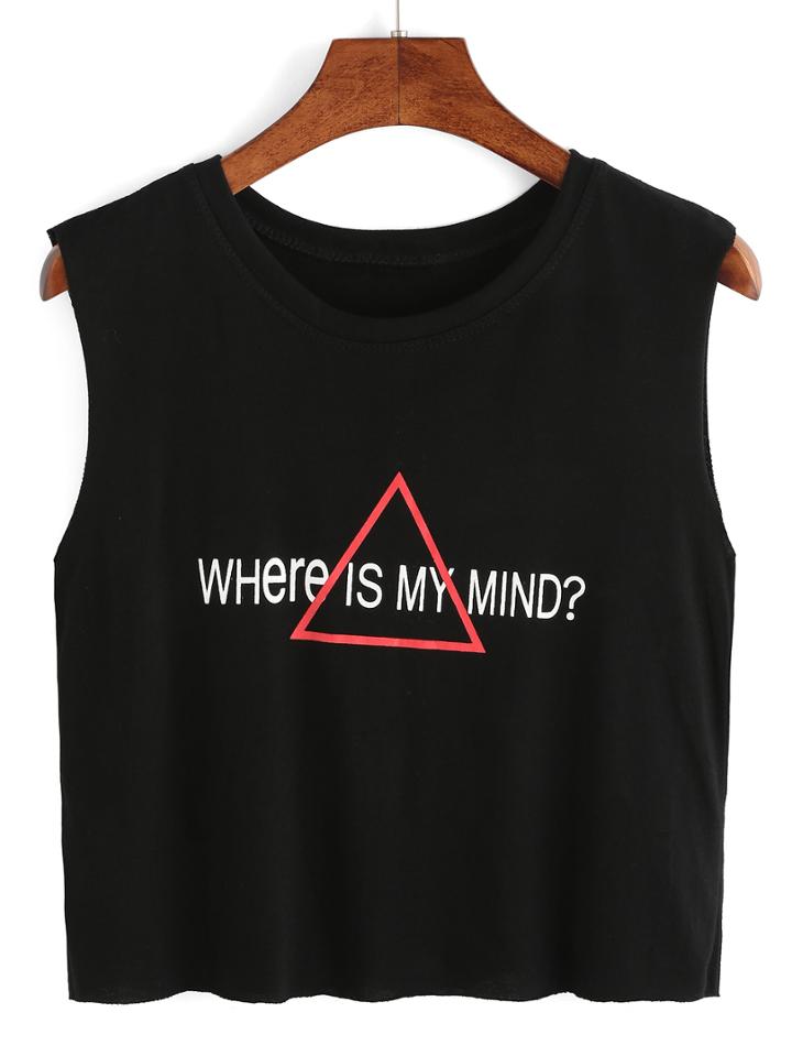 Romwe Letter Print Crop Tank Top - Black
