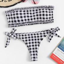 Romwe Tie Side Frill Trim Random Gingham Bikini Set