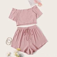 Romwe Rib-knit Bardot Top And Tie Waist Shorts Set