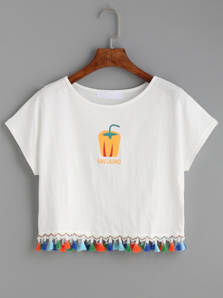 Romwe White Pepper Print Tassel Trim T-shirt