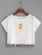 Romwe White Pepper Print Tassel Trim T-shirt