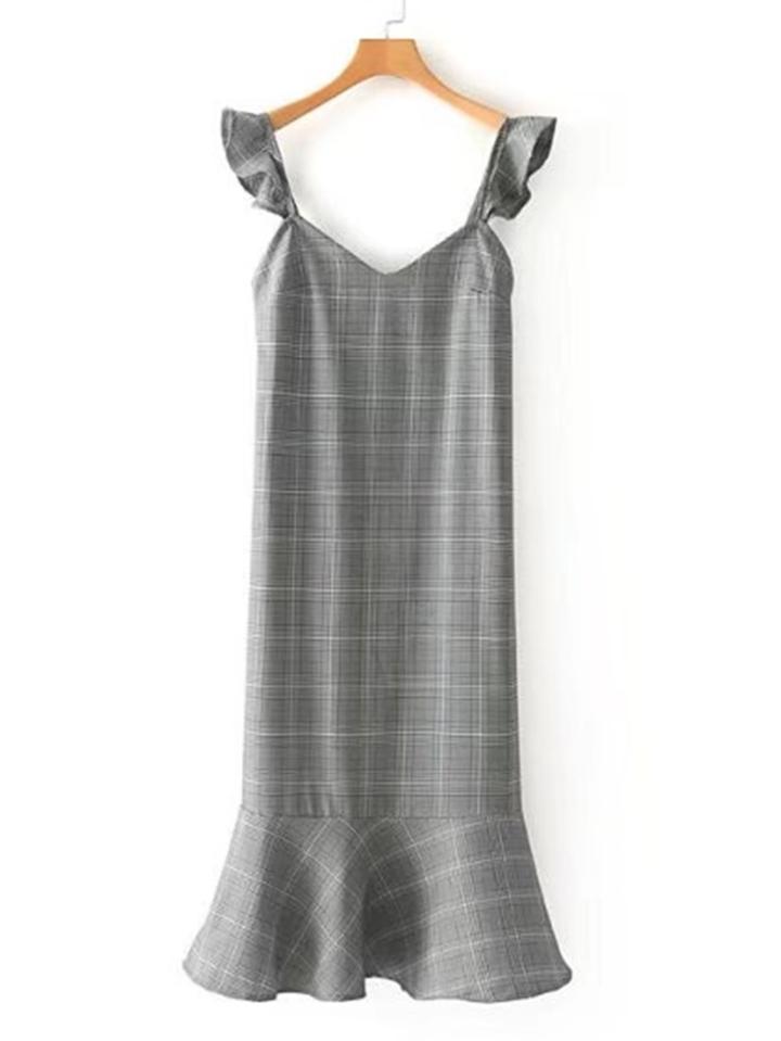 Romwe Ruffle Detail Glen Plaid Dress