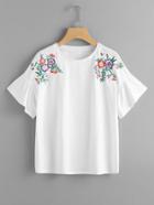 Romwe Flower Embroidered Frill Sleeve Tee
