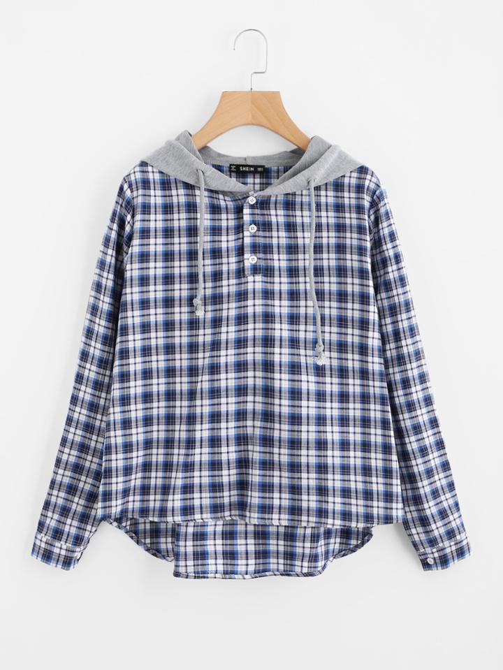 Romwe Dip Hem Check Blouse With Jersey Hood