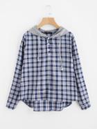 Romwe Dip Hem Check Blouse With Jersey Hood