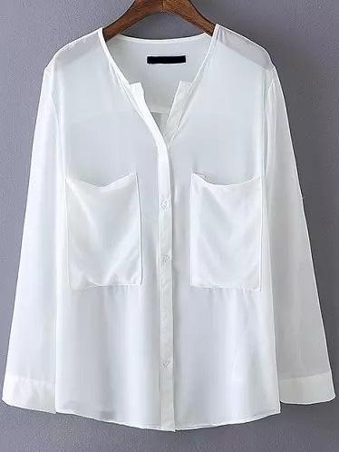 Romwe V Neck With Pockets Chiffon White Blouse
