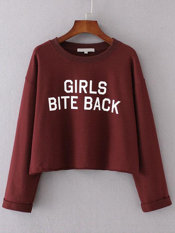Romwe Burgundy Letter Print Roll Cuff Sweatshirt