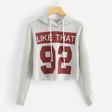 Romwe Letter & Number Print Drawstring Crop Hoodie
