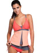 Romwe Color Block V Neck Tankini With Skort