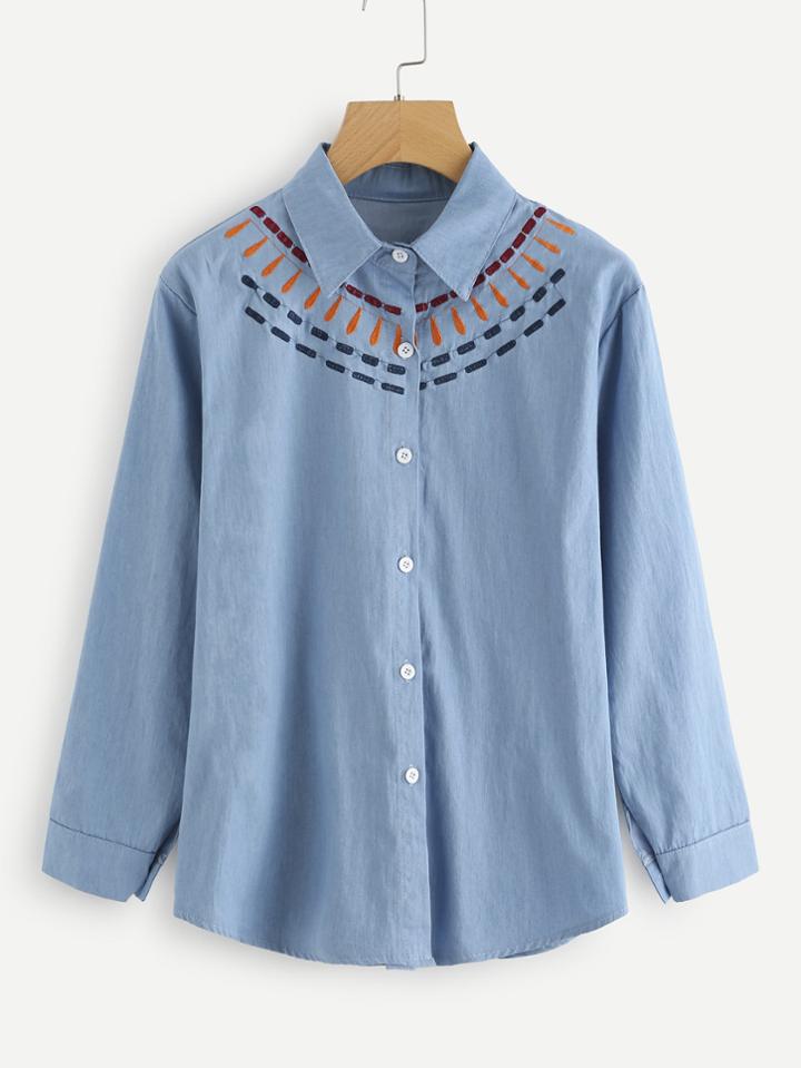 Romwe Single Breasted Embroidered Shirt